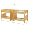 Natural solid wood full-size triple bunk bed with slatted platforms and safety rails, space-saving modular design, 71 in H × 178.75 in L × 57.5 in D