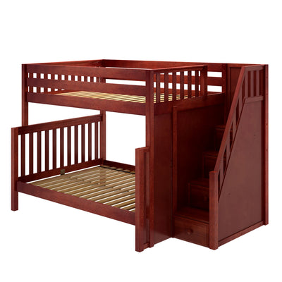GLADIATOR XL CS : Staggered Bunk Beds High Full XL over Queen Bunk Bed with Stairs, Slat, Chestnut
