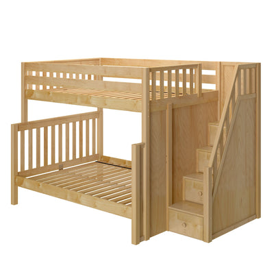 GLADIATOR XL NS : Staggered Bunk Beds High Full XL over Queen Bunk Bed with Stairs, Slat, Natural
