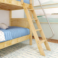Light wood bunk bed with angled ladder and blue quilted bedding in modern coastal kids' bedroom with framed wall art