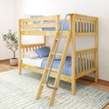 Natural wood twin bunk bed with ladder and blue quilted bedding in a modern kids' bedroom, star-patterned pillows, potted plant and striped area rug