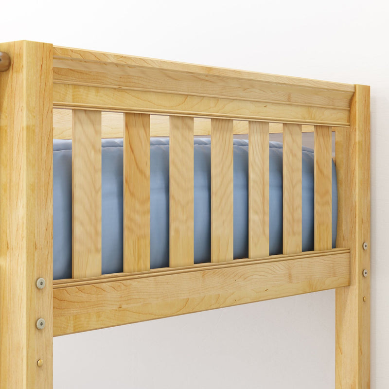 Close-up of natural light-wood bed frame rail with vertical slats, exposed hardware, and blue mattress