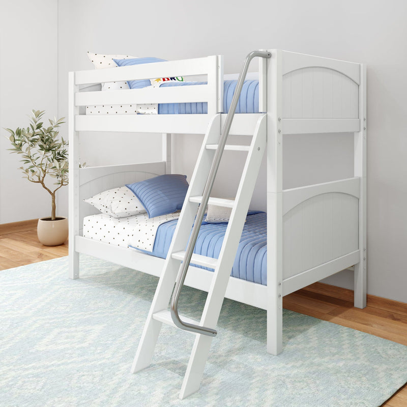 White wooden twin bunk bed with ladder, blue quilted bedding and star-pattern pillows in a modern kids' bedroom with plant