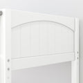 Close-up of white vinyl fence gate with arched top, vertical privacy panels and visible mounting hardware