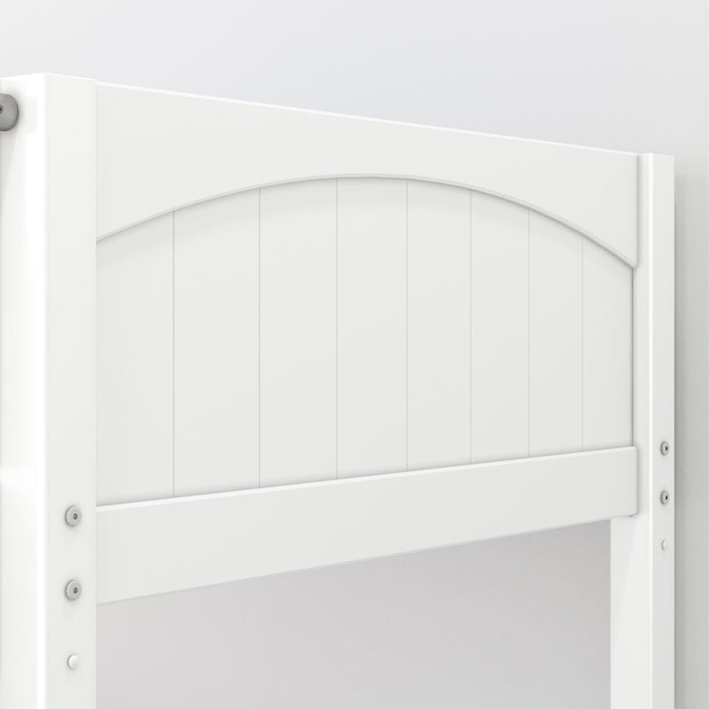 Close-up of white vinyl fence gate with arched top, vertical privacy panels and visible mounting hardware
