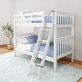 White wooden twin-over-twin bunk bed with ladder, blue quilted bedding and star-pattern pillows in a modern kids' bedroom with potted plant