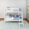 White wooden bunk bed with ladder, blue quilted bedding and star-print sheets in a bright modern kids' bedroom with light area rug