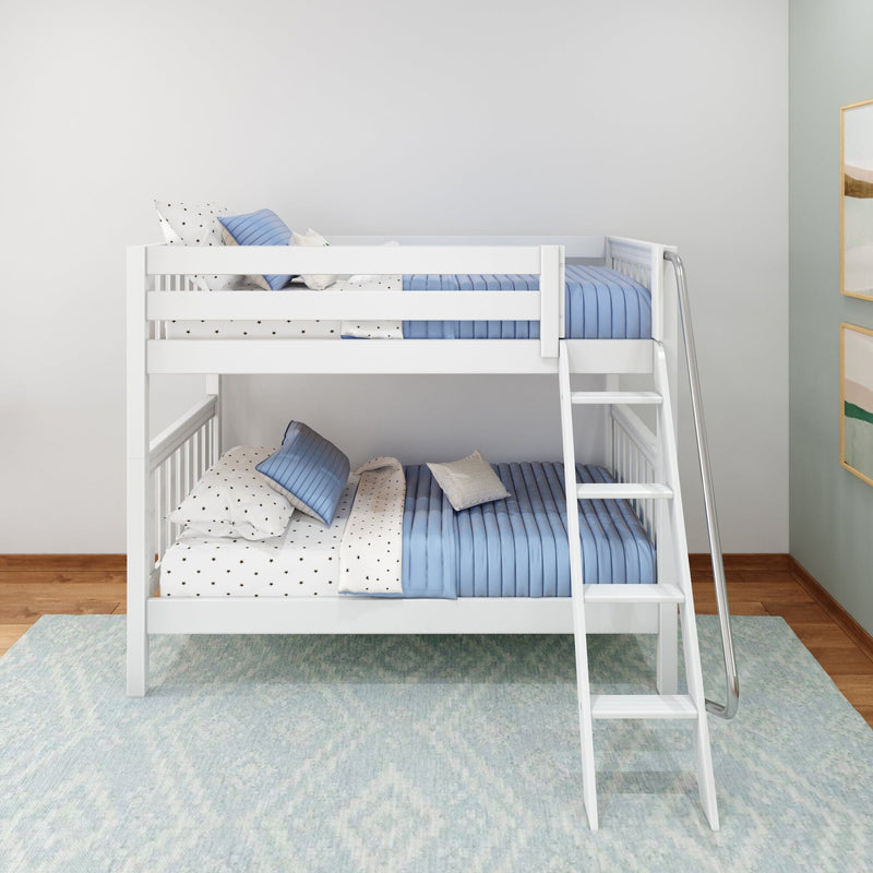 White wooden bunk bed with ladder, blue quilted bedding and star-print sheets in a bright modern kids' bedroom with light area rug