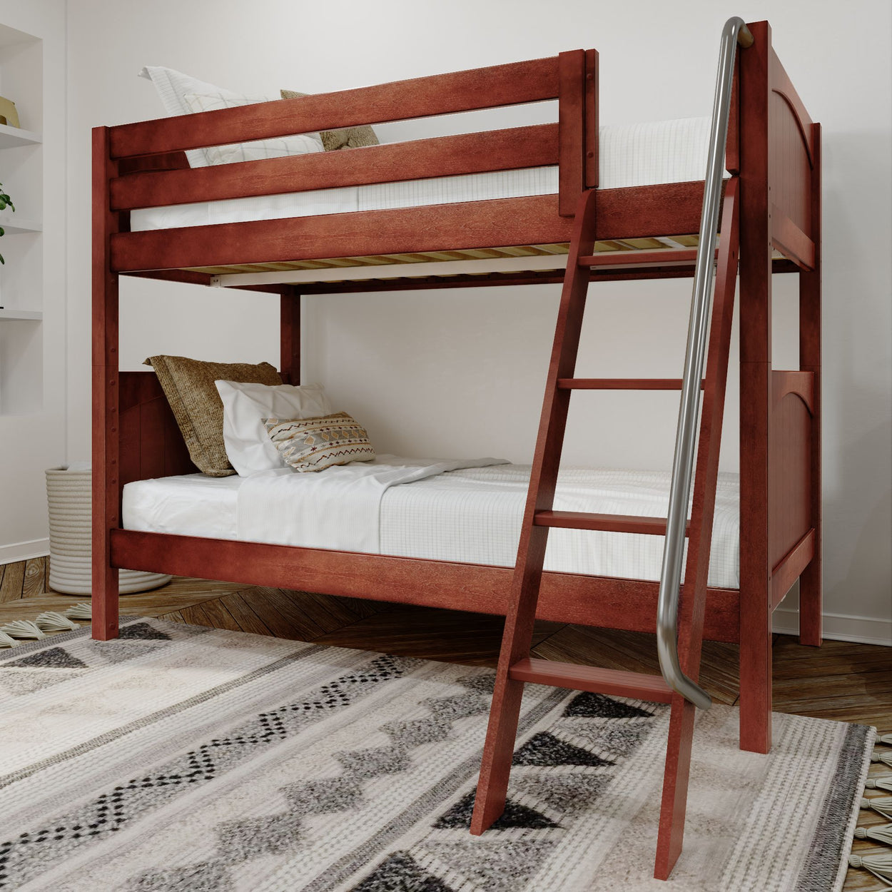 Red wooden bunk bed with ladder in modern bedroom setting.