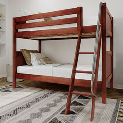 Red wooden bunk bed with ladder in modern bedroom setting.