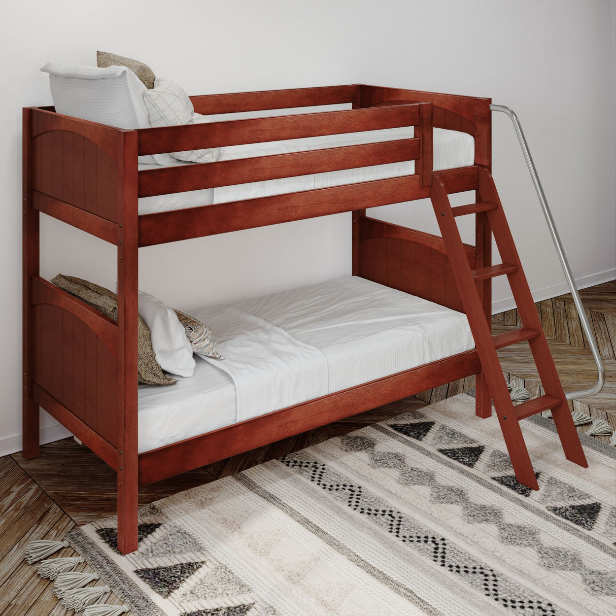 Wooden bunk bed with ladder in a cozy bedroom setting.