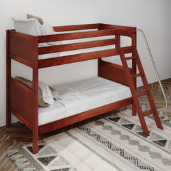 Wooden bunk bed with ladder in a cozy bedroom setting.
