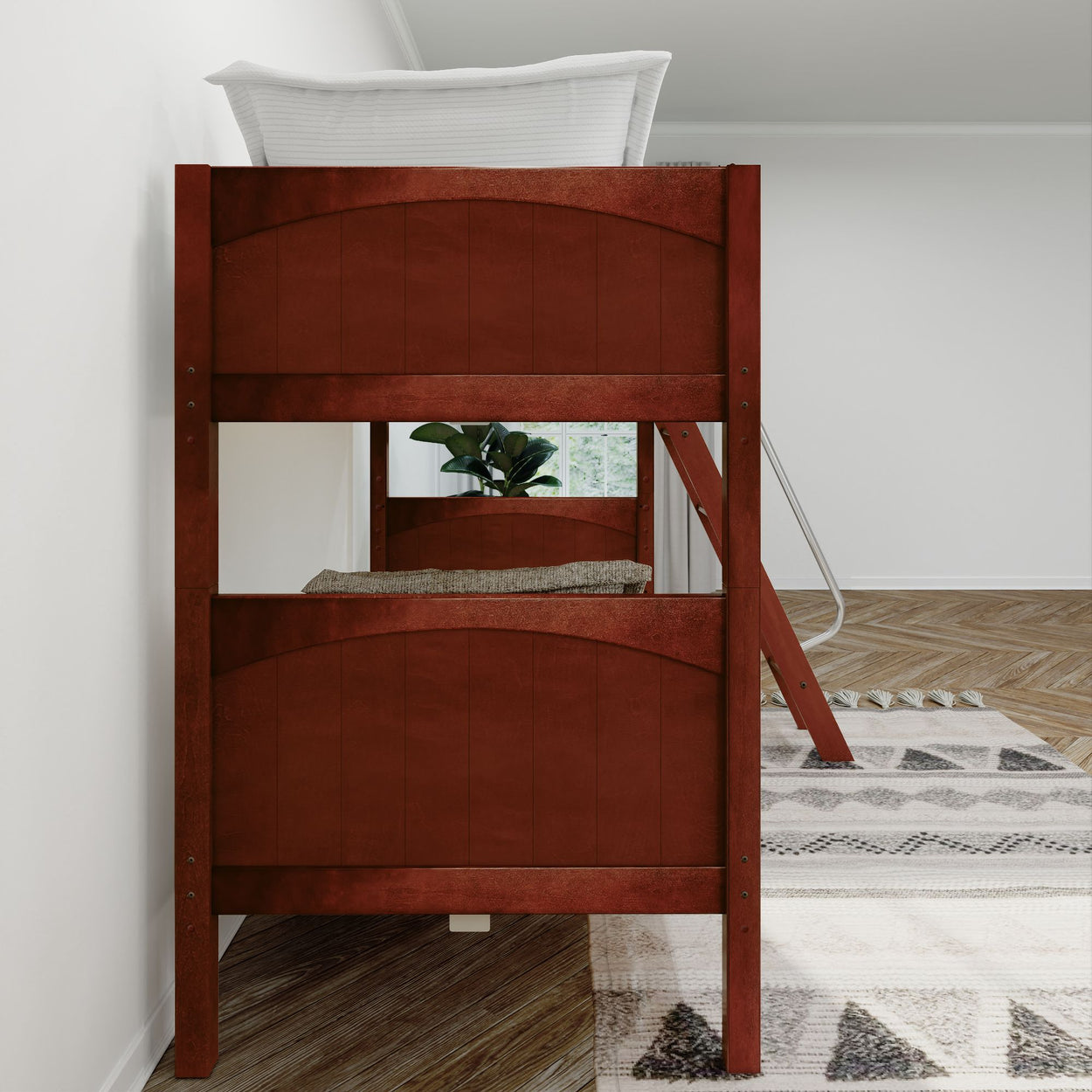 Elegant wooden bunk bed with stylish ladder in a modern bedroom setting, featuring cozy bedding and decorative accents for a comfortable sleep environment.