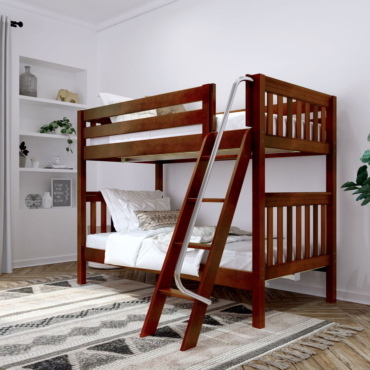 Wooden bunk bed with ladder in a modern bedroom setting, featuring white walls, a geometric patterned rug, and decorative shelves.