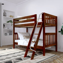 Wooden bunk bed with ladder in a modern bedroom setting, featuring white walls, a geometric patterned rug, and decorative shelves.