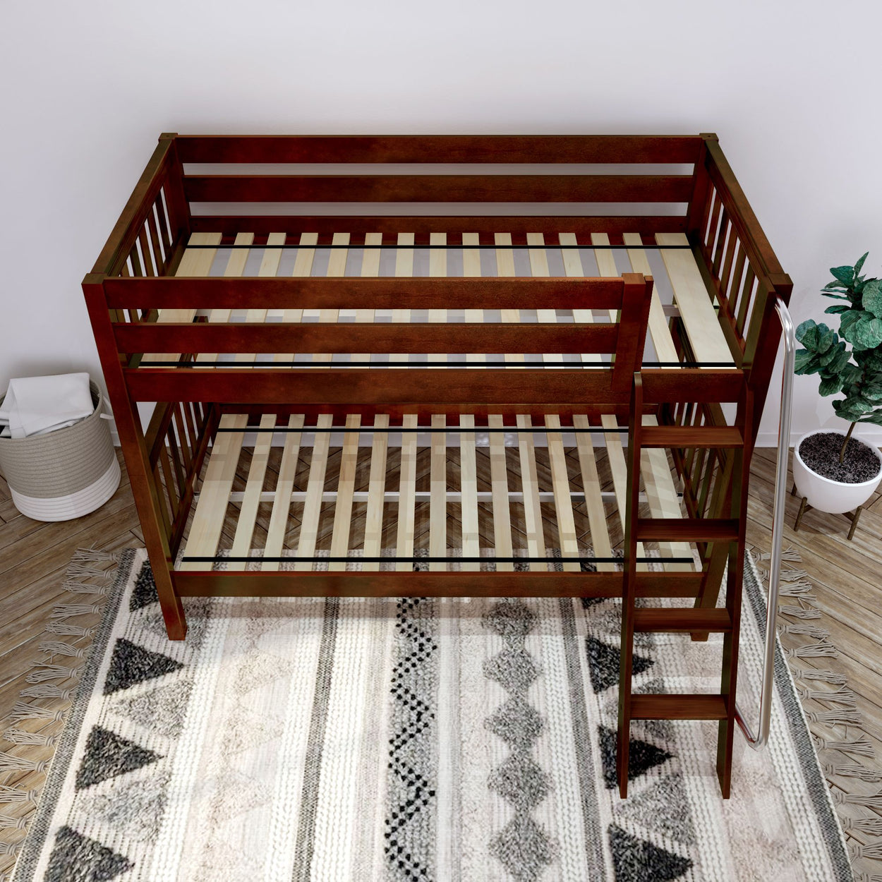 Wooden bunk bed frame with ladder in a modern bedroom setting featuring a patterned rug and decorative plant.
