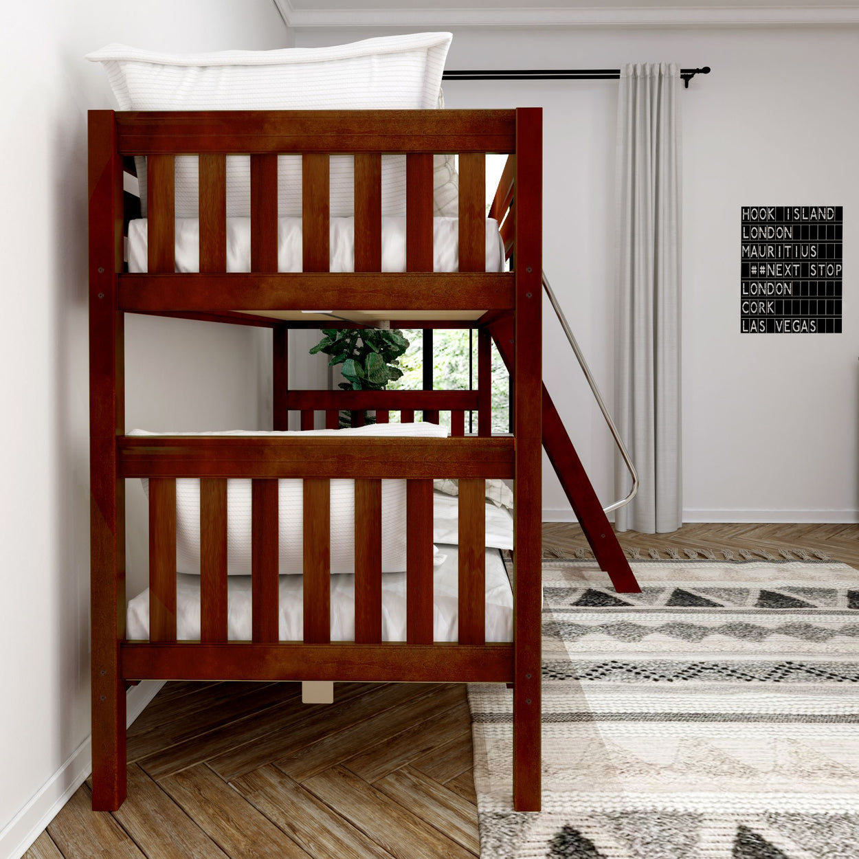 Wooden bunk bed in a modern bedroom with elegant decor and geometric patterned rug.