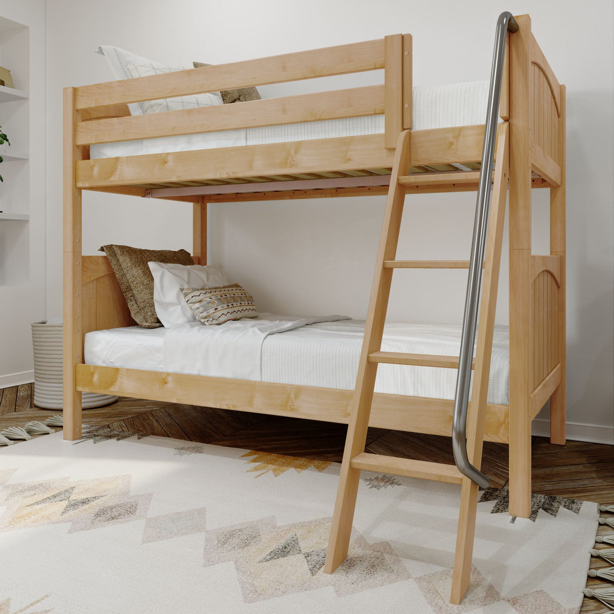 Wooden bunk bed with ladder in modern bedroom setting, featuring cozy bedding and decorative rug.