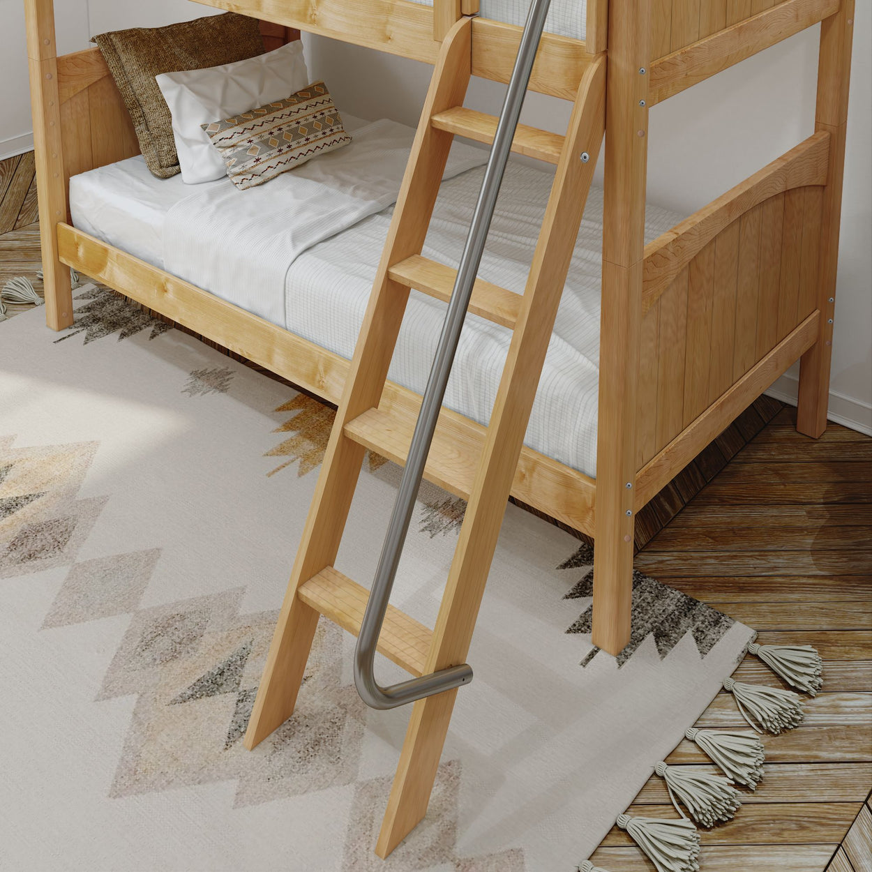 Wooden bunk bed with ladder on patterned rug in cozy bedroom setting.