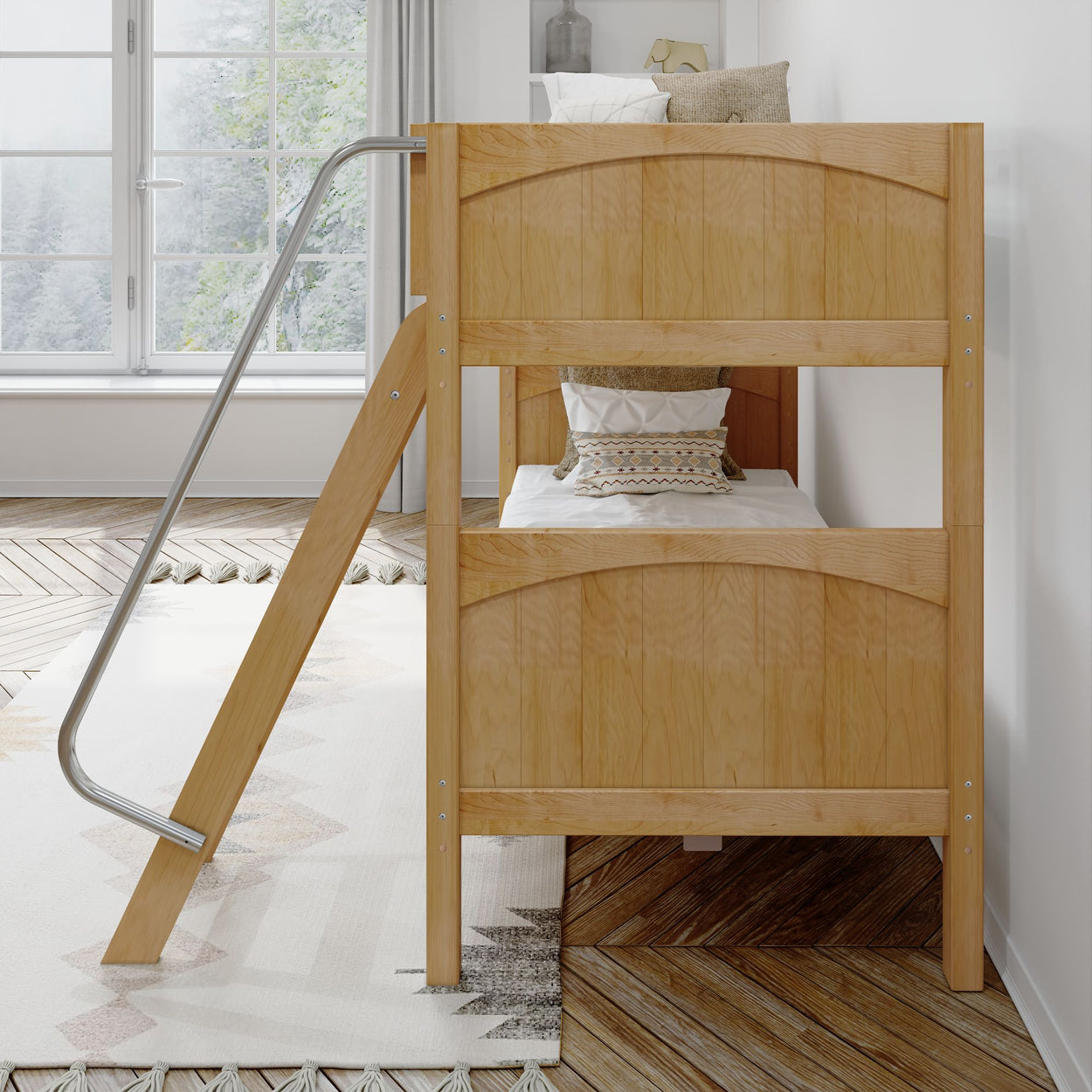 Modern wooden bunk bed with ladder in a bright, stylish bedroom setting.