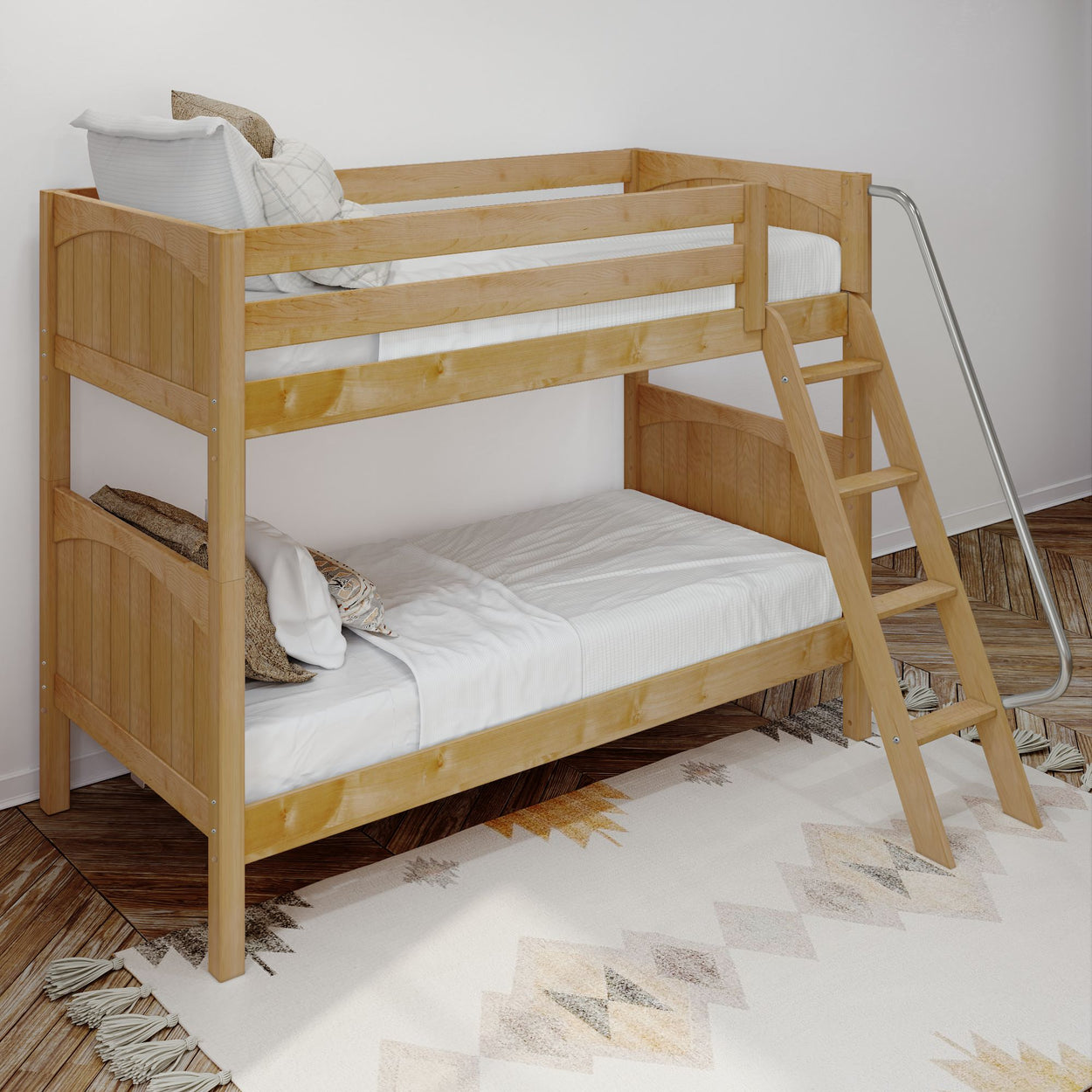 Wooden bunk bed with ladder in a modern bedroom setting featuring cozy bedding and a patterned rug.