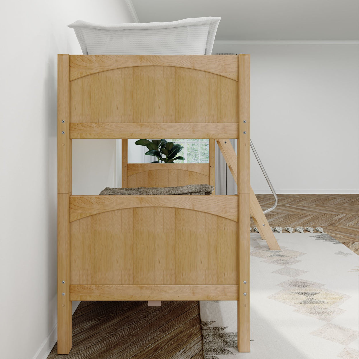 Bunk bed in a modern bedroom with wooden flooring and decorative rug.