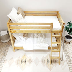 Wooden bunk bed with white bedding in a bright, cozy bedroom setting.