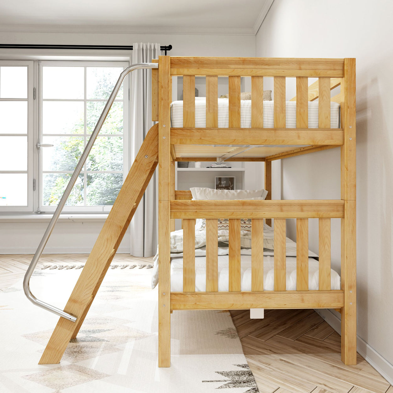 Wooden bunk bed with a slide in a bright, modern bedroom featuring large windows.