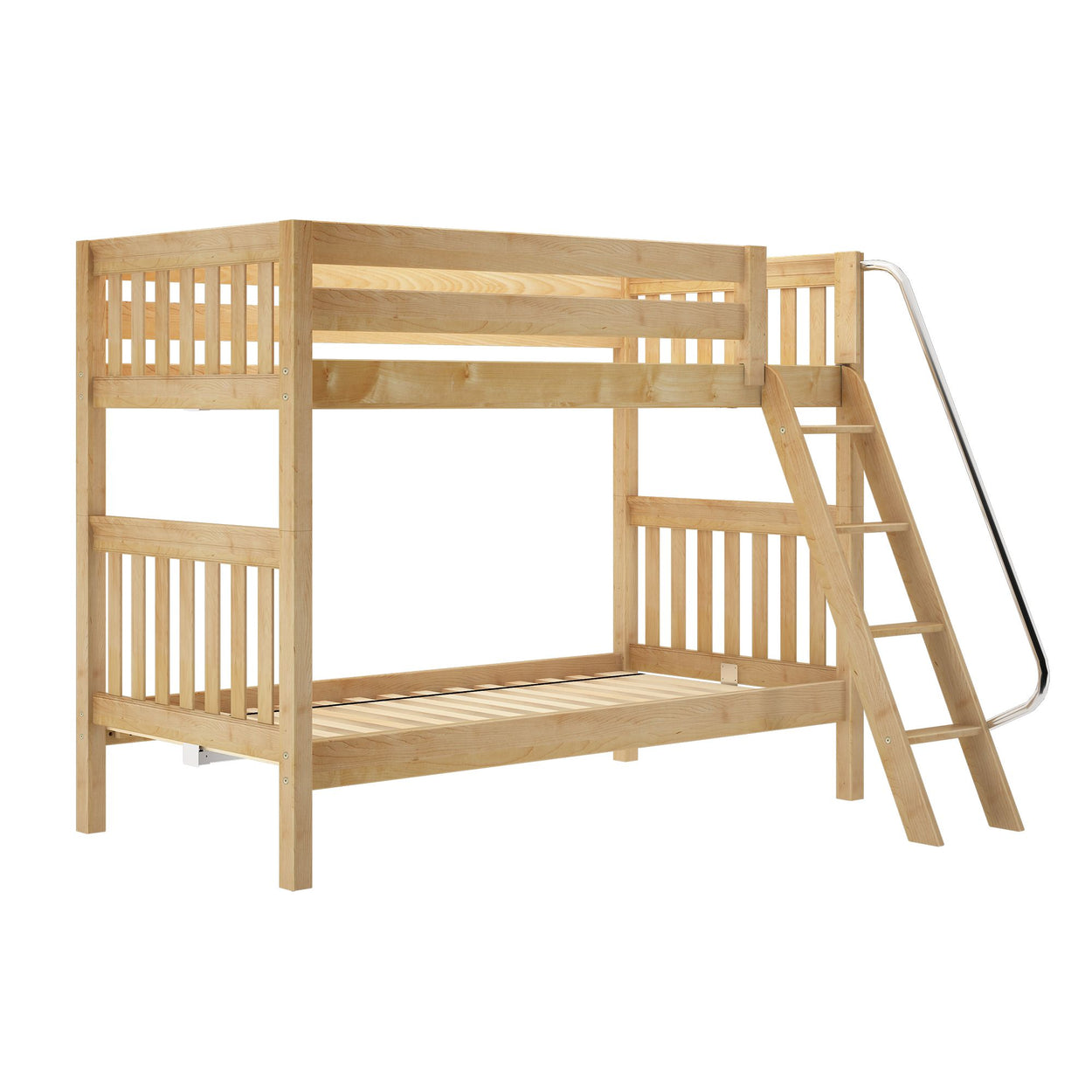 Natural wood bunk bed with ladder and safety rails for kids' bedroom.