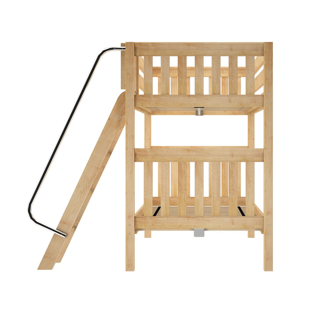 Wooden bunk bed with ladder and minimalist design for kids' room.