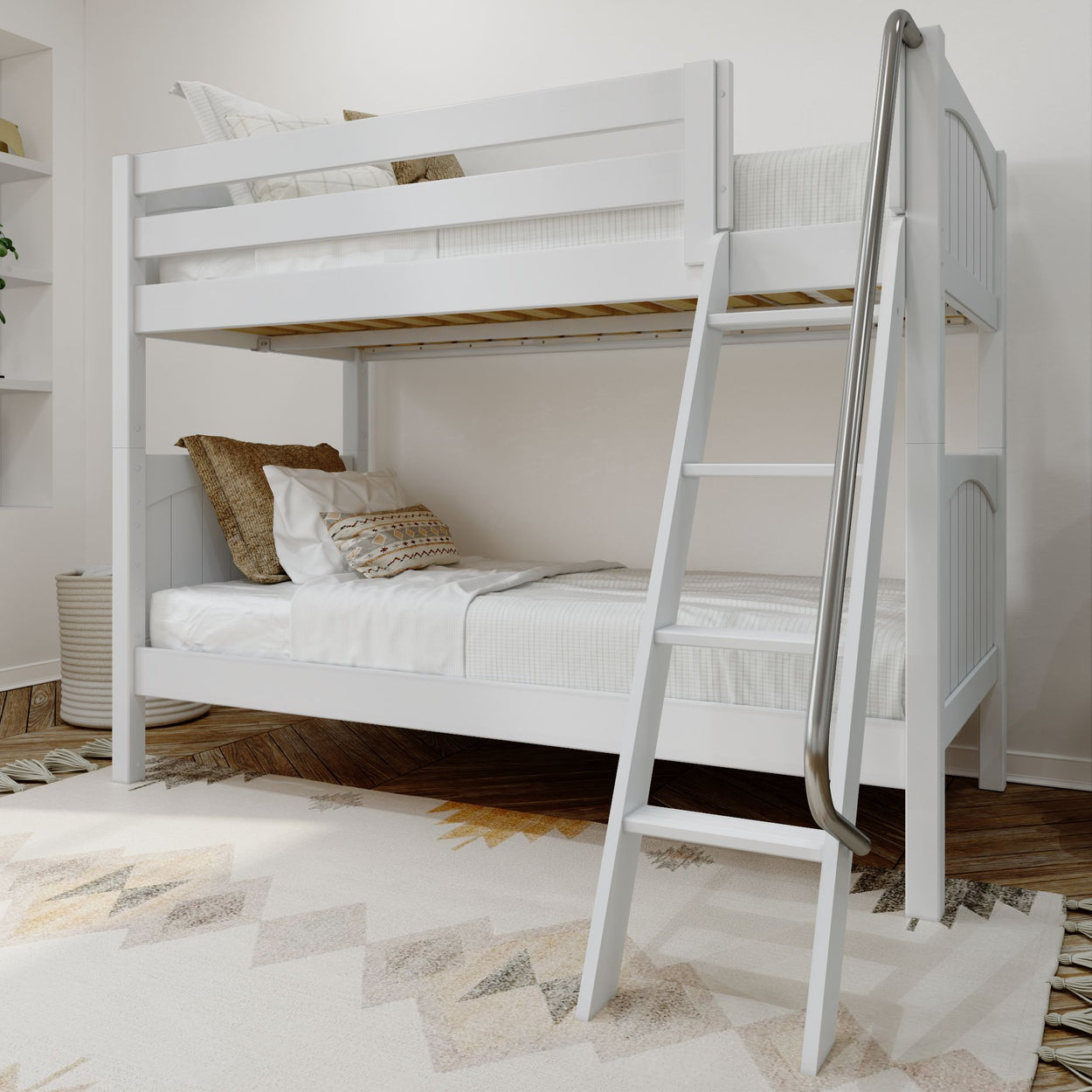 White wooden bunk bed with ladder in a modern bedroom featuring neutral decor and patterned rug.