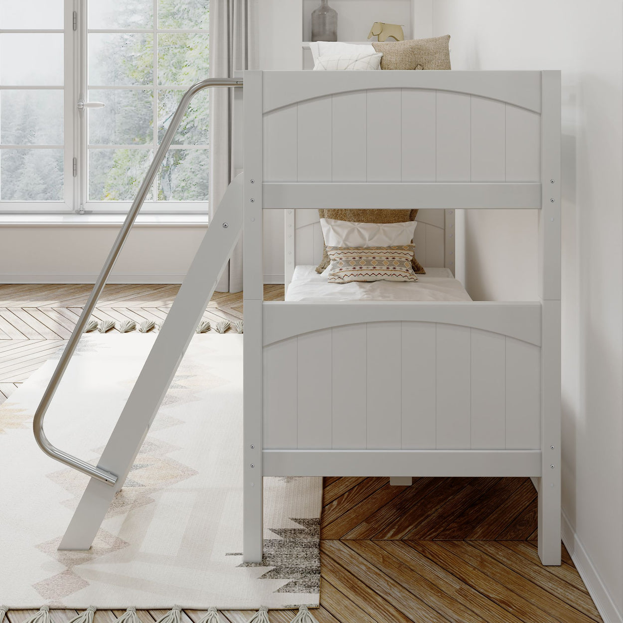 Modern white bunk bed with a metal ladder in a bright, stylish bedroom featuring wooden floors and large windows.