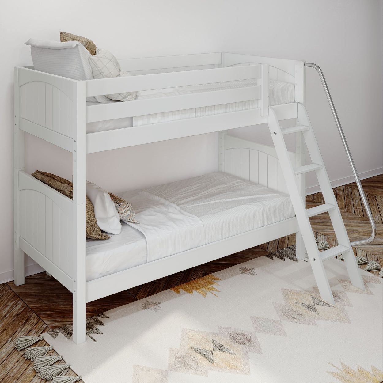 White wooden bunk bed with a ladder and comfortable bedding in a modern bedroom setting.