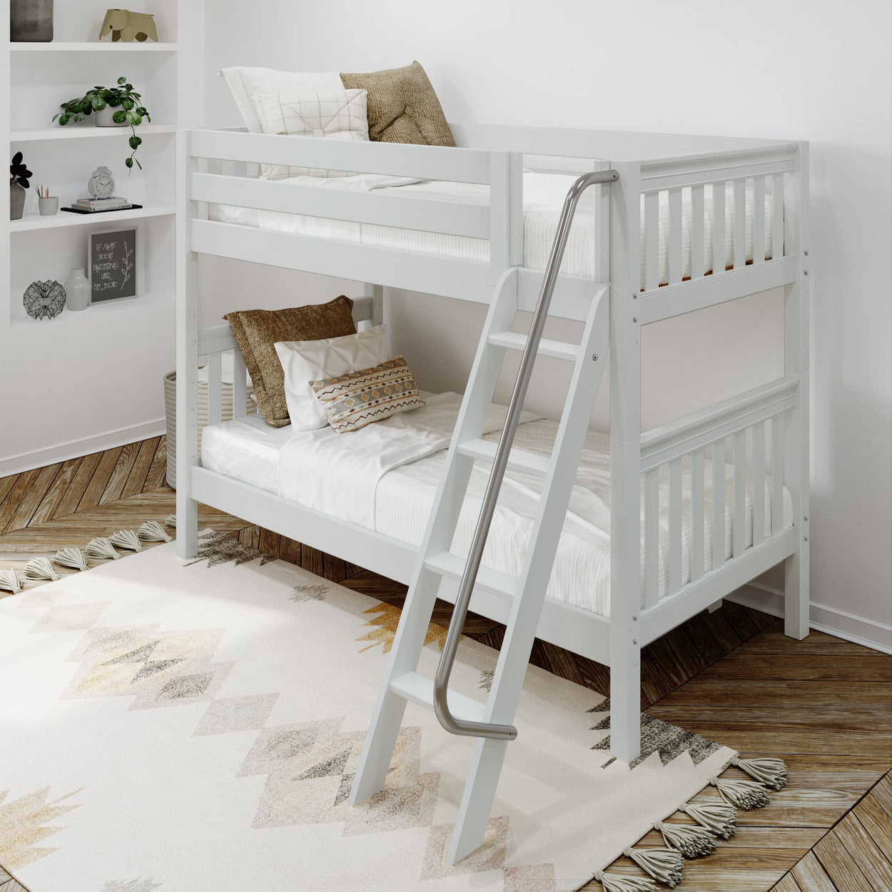 White wooden bunk bed with ladder in a stylish, cozy bedroom setting.