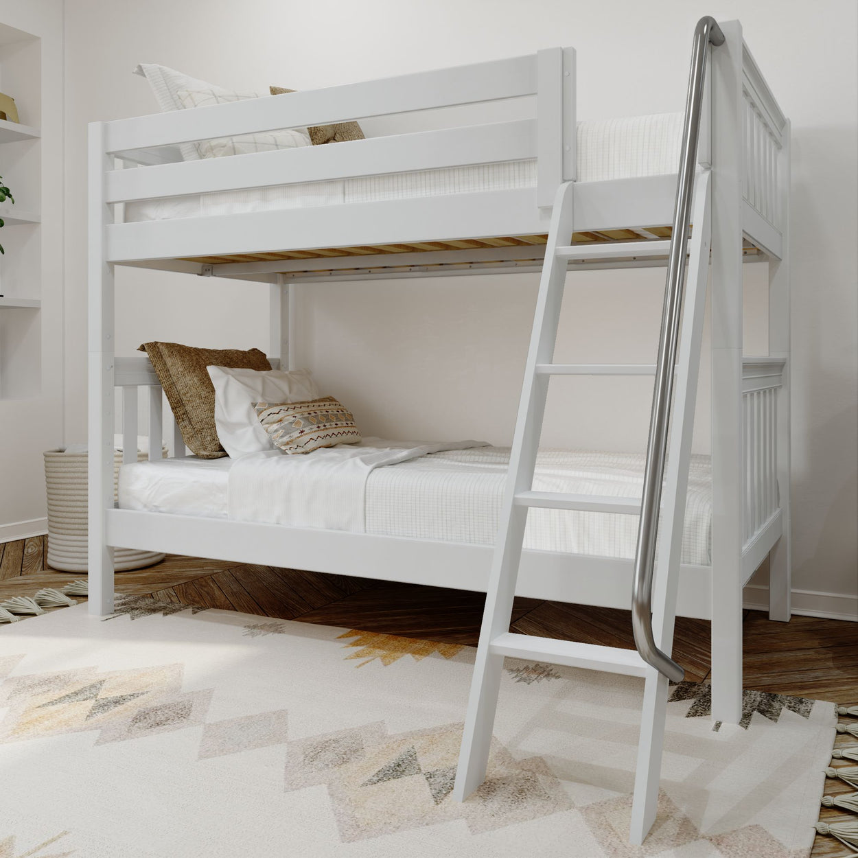 White wooden bunk bed with ladder in a modern bedroom setting, featuring cozy pillows and a patterned rug.