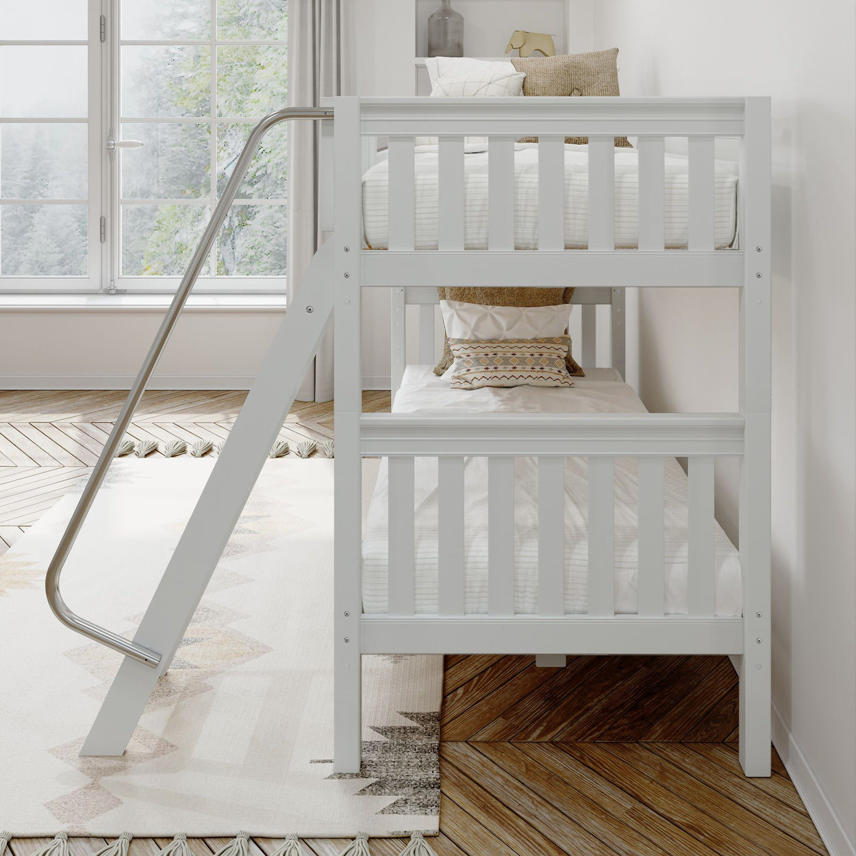 Modern white wooden triple bunk bed in a bright, cozy bedroom with natural light.