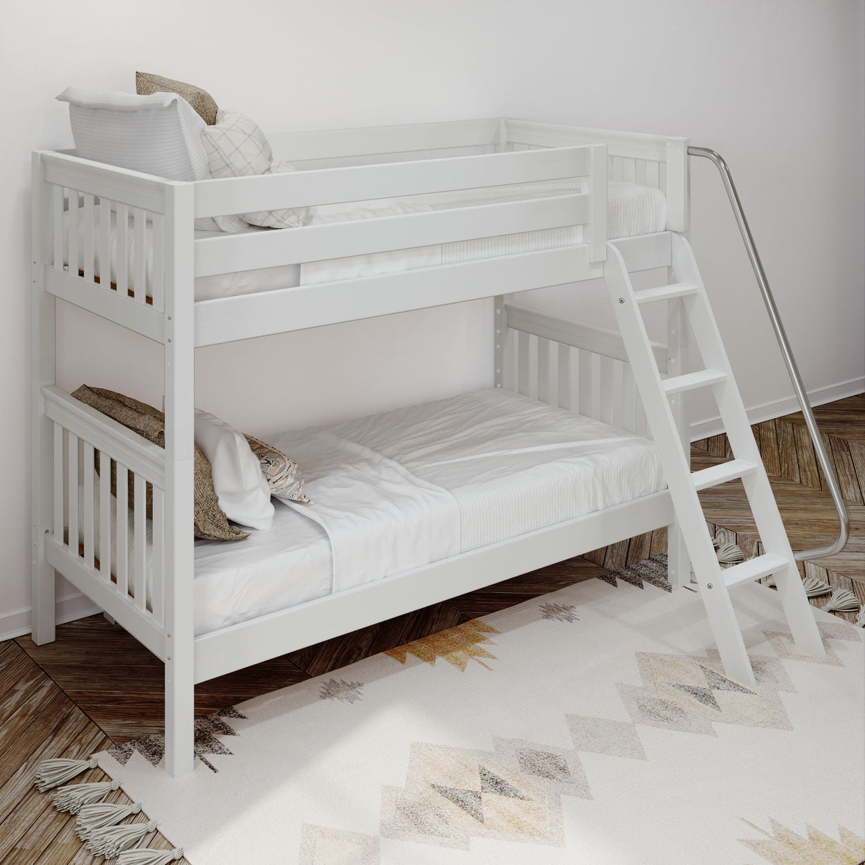 White wooden bunk bed with ladder in a modern bedroom setting, featuring cozy bedding and decorative pillows.