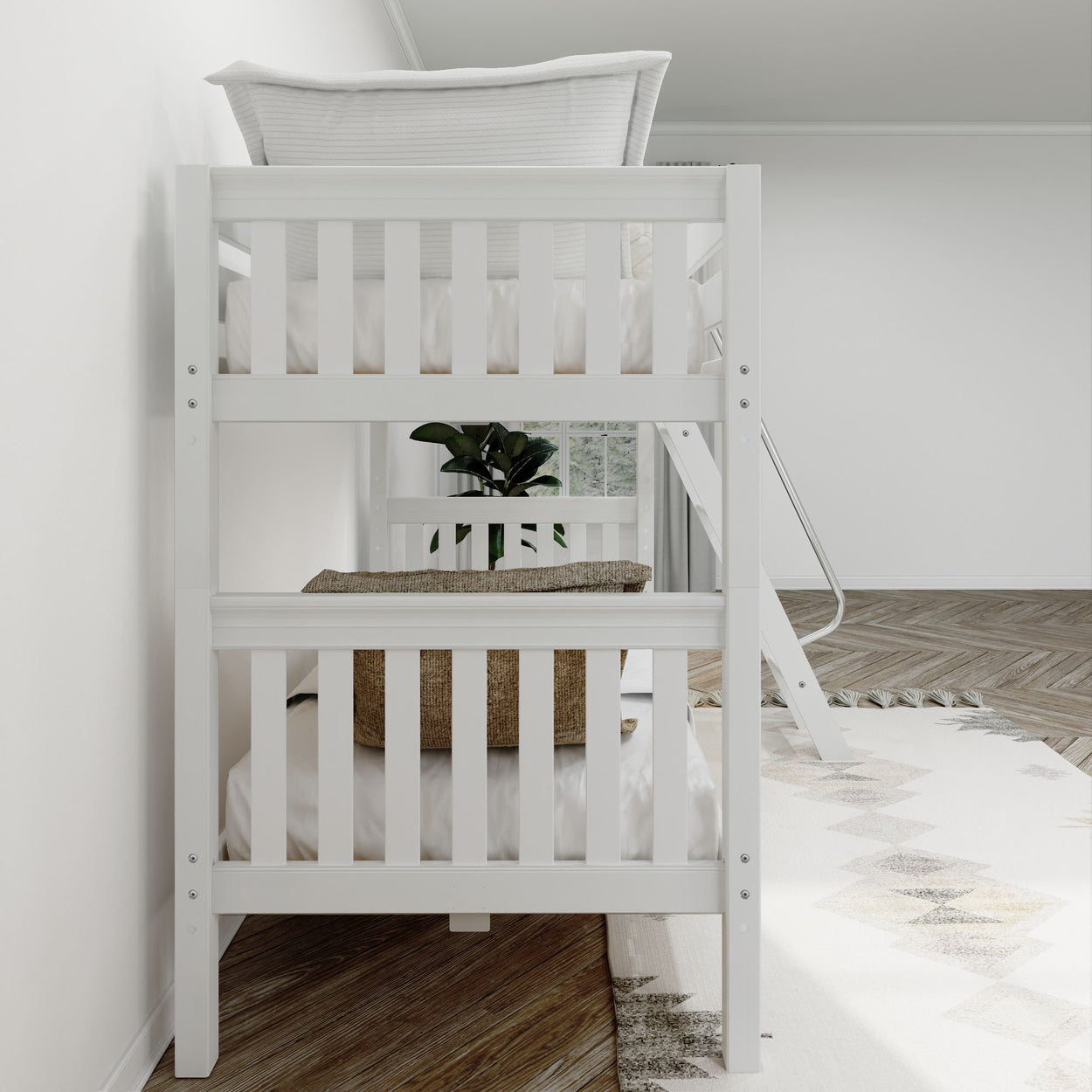 White wooden bunk bed in modern bedroom with herringbone wood floor and decorative plant.