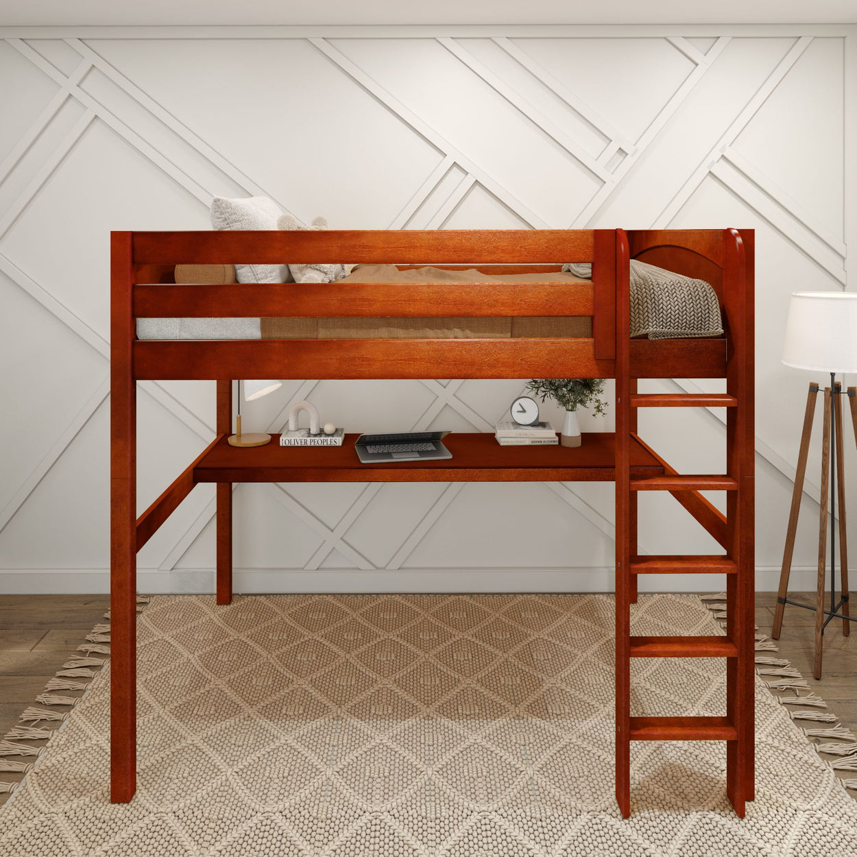 Wooden loft bed with built-in desk and ladder in a modern bedroom.