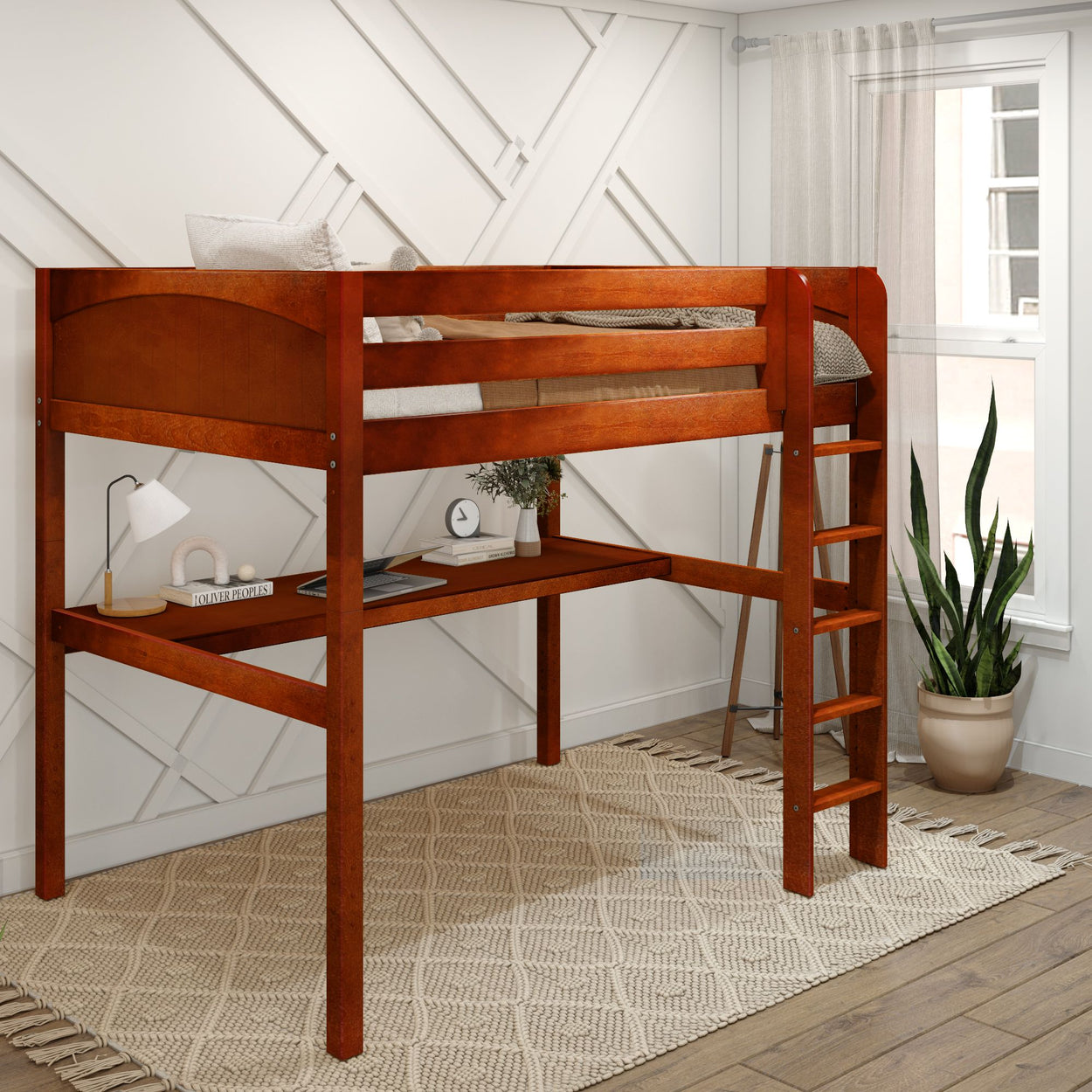 Wooden loft bed with integrated desk and ladder in modern bedroom.