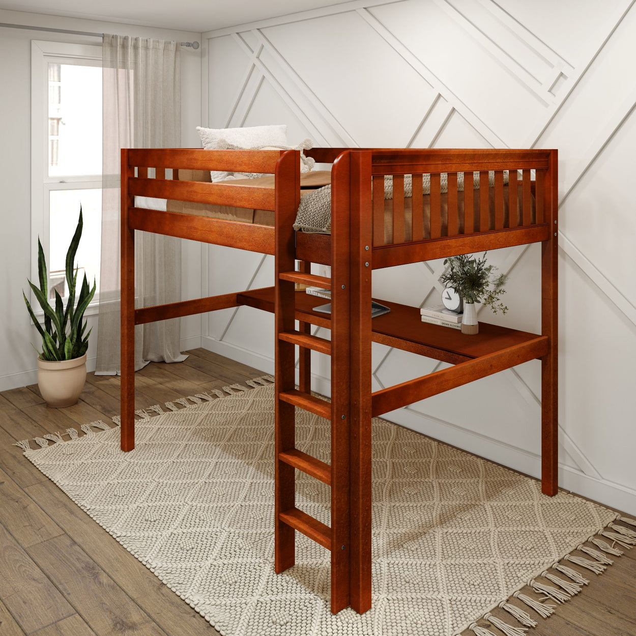 Wooden loft bed with built-in desk and ladder in a modern bedroom setup.