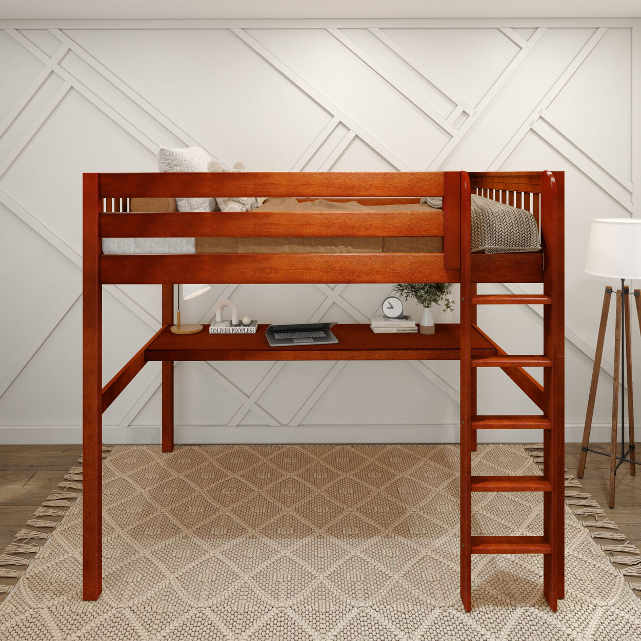 Wooden loft bed with ladder and desk underneath, ideal for maximizing space in small bedrooms.