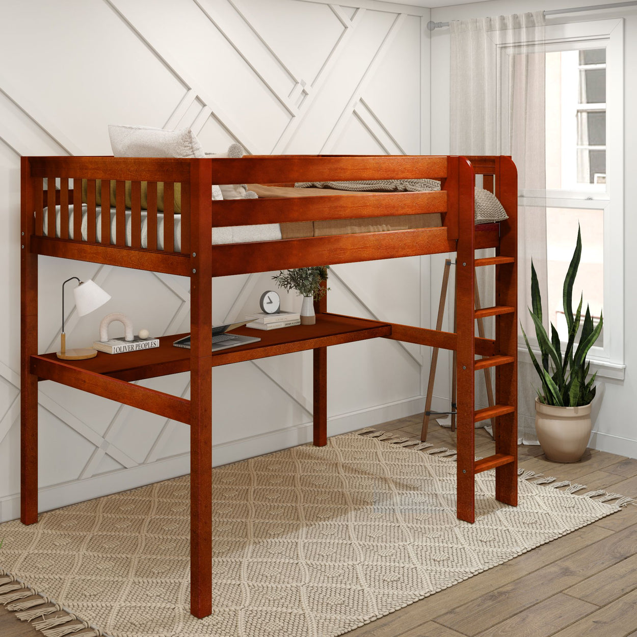 Loft bed with wooden ladder and integrated desk in modern bedroom setup.