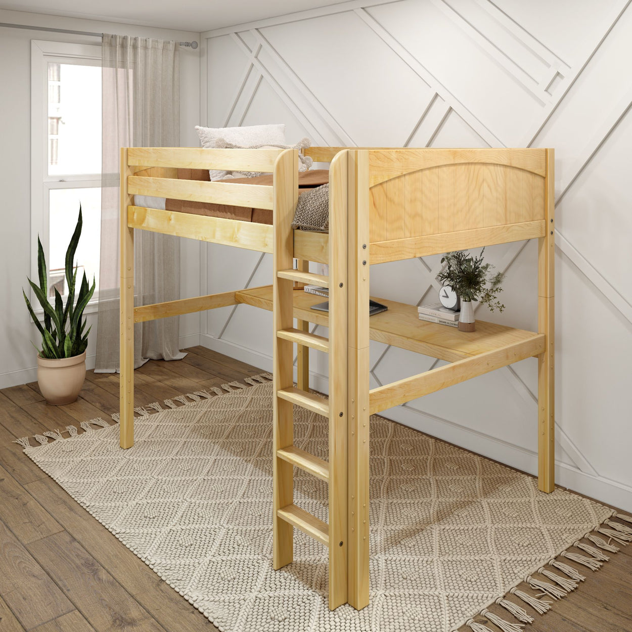 Wooden loft bed with ladder in a modern bedroom setting, featuring a cozy aesthetic and natural light.