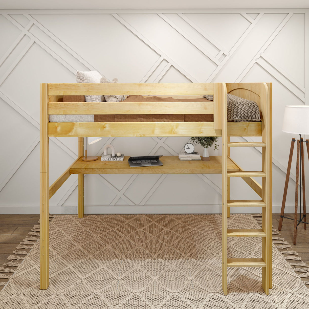 Loft bed with ladder and workspace beneath in modern bedroom.