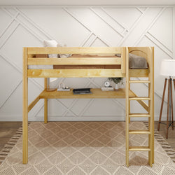 Loft bed with ladder and workspace beneath in modern bedroom.