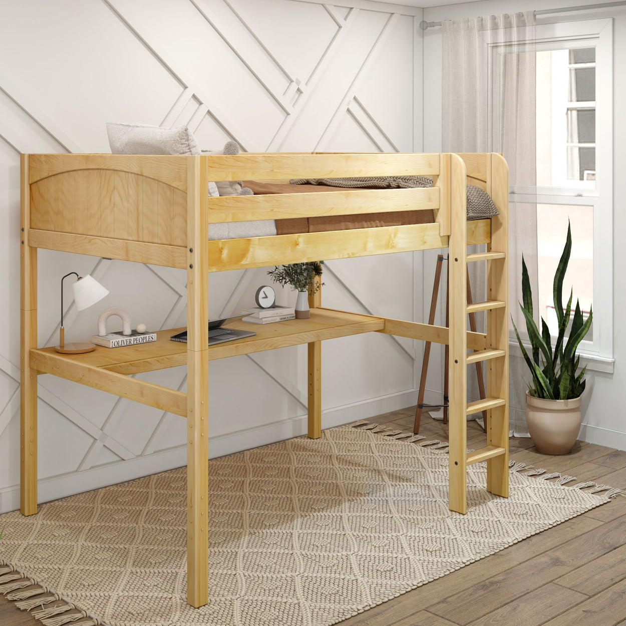 Wooden loft bed with ladder and desk in a modern bedroom.
