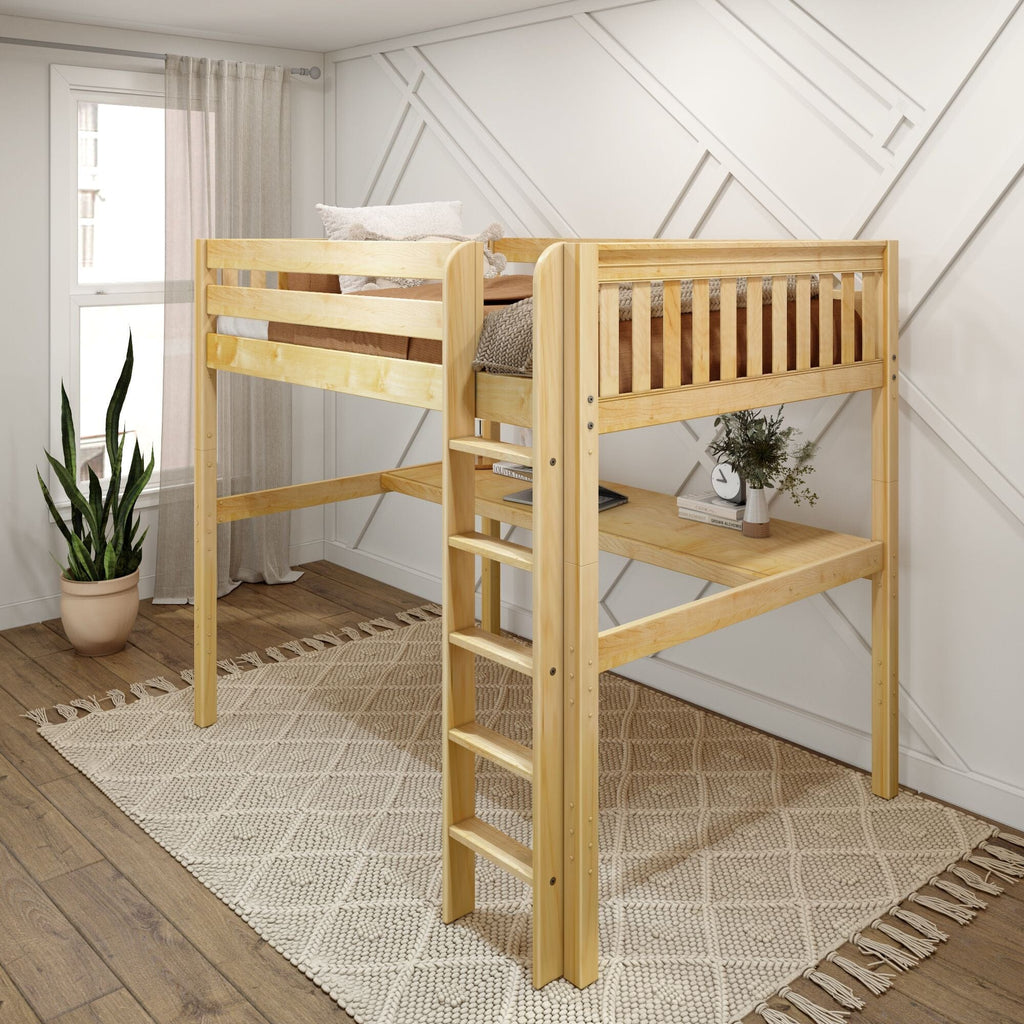 Natural wood loft bunk bed with built-in desk in modern neutral kids bedroom, Scandinavian decor, textured rug, potted plant and white geometric accent wall