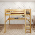 Natural pine loft bed with built-in desk and ladder in a neutral modern kids' bedroom featuring cozy bedding, textured woven rug, desk lamp and geometric white wall paneling
