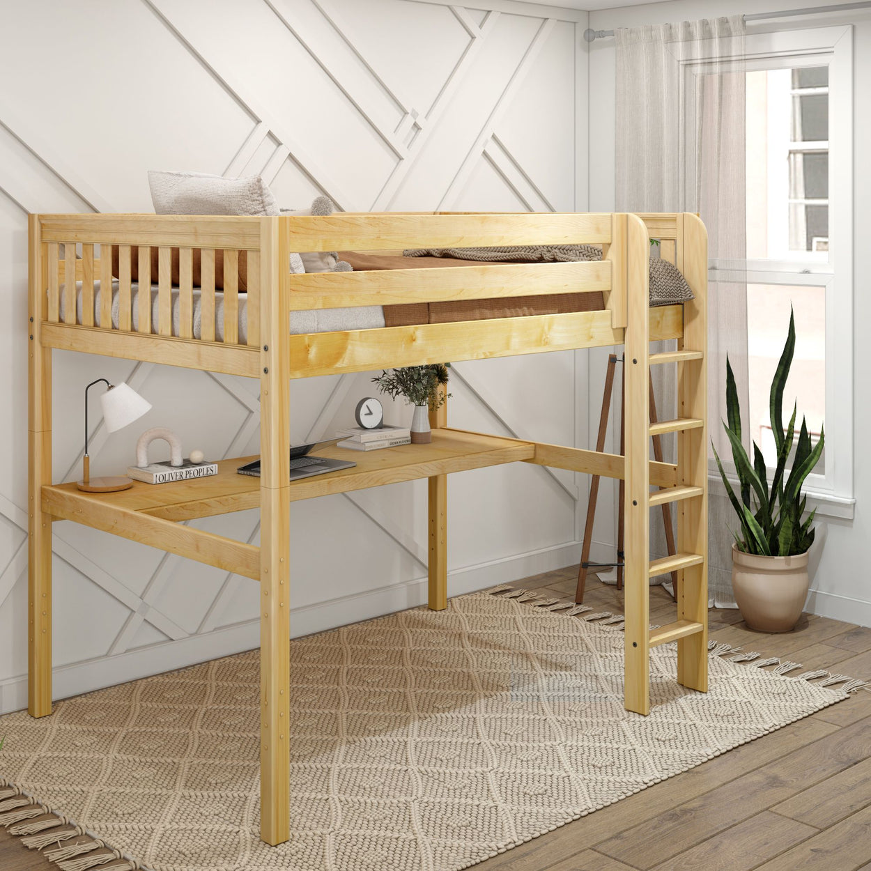 Wooden loft bed with built-in desk in modern bedroom.